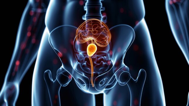 Imaginative depiction blending organic and mechanical elements to symbolize the complexity of prostate cancer's impact on the body.

