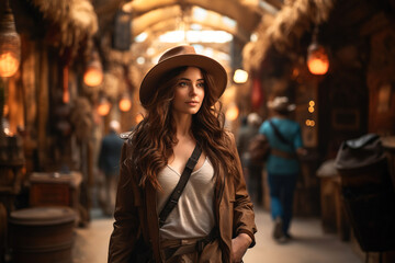 A fashionable woman tourist in a wide-brimmed hat poses in a bustling exotic market, with vendors and stalls blurred in the background during her holiday. - obrazy, fototapety, plakaty