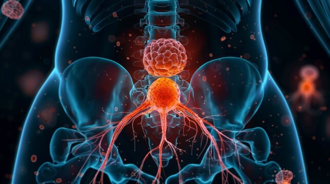A precise diagram illustrating the anatomical structure of the prostate, with specific regions affected by cancer clearly marked for educational purposes.

