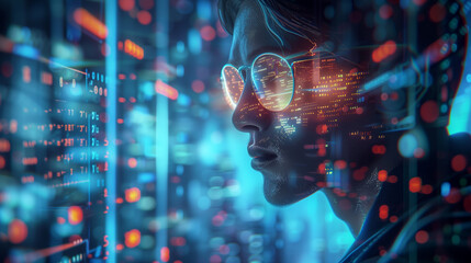 data protection officer wearing sunglasses with the data graphic background