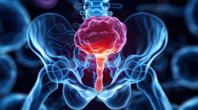 A simple, black-and-white outline of the prostate with a highlighted tumor area, emphasizing the focal point of cancer development.
