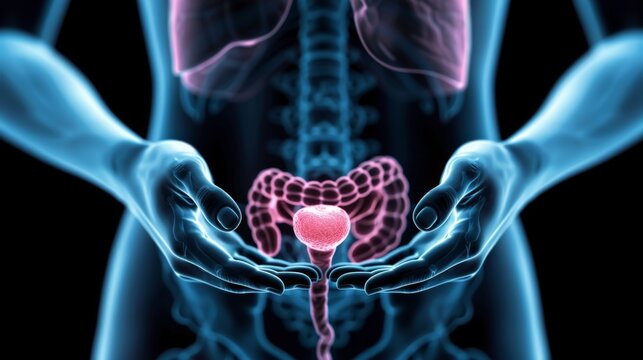 Vibrant colors and dynamic shapes symbolize the onset and progression of prostate cancer, offering a visually striking interpretation of the disease.
