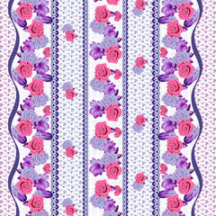 Seamless floral pattern with rows of purple and pink roses green leaves and decorative blue lace border on a white background. 
