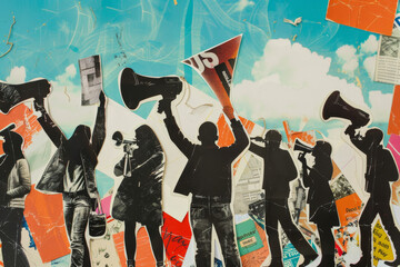 People, collage and creative art made of paper for human rights, protest or riot against war. Colourful, vibrant pop and creative graphic design poster for background, wallpaper and backdrop mockup