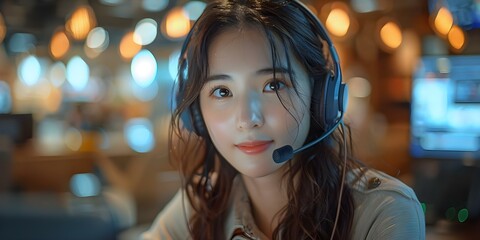 An Asian woman with a headset working in a call center assists customers on the computer. Concept Customer Service, Call Center, Asian Woman, Headset, Computer Assistance