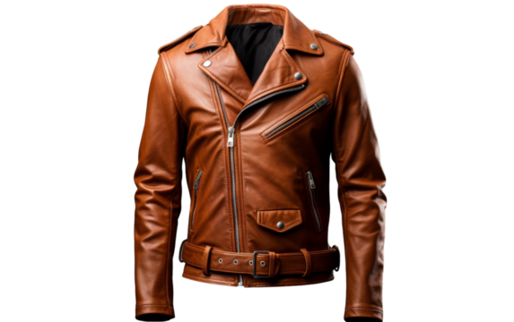 A brown leather jacket and black shirt intersect in a display of understated elegance
