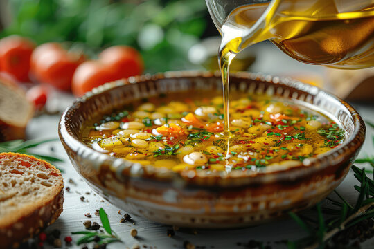 Cooking vegetable soup in saucepan, comfort food and homemade meal concept
