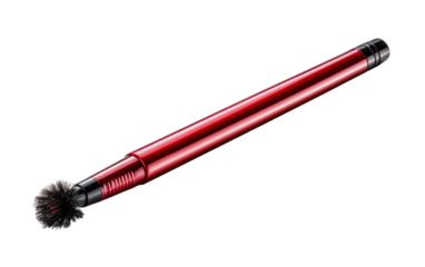 A vibrant red pen with a sleek black handle resting on a clean white background