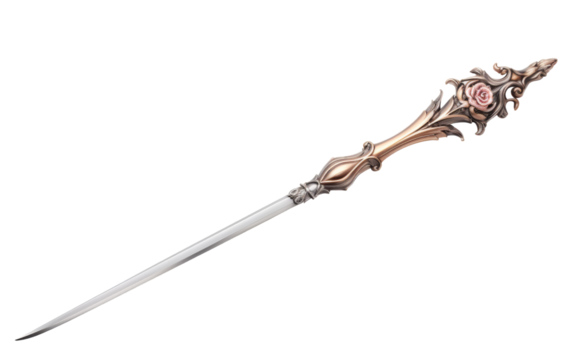 A sword adorned with a delicate rose on the blade, symbolizing a fusion of beauty and strength