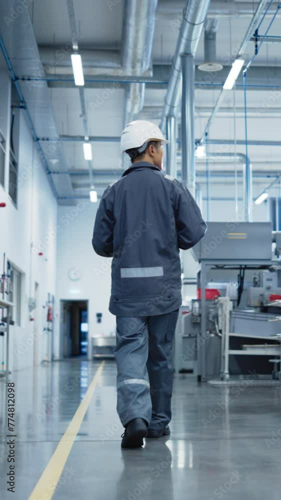 Leinwandbilder vertical screen: asian male walking next to manufacturing machines at a factory and using laptop com