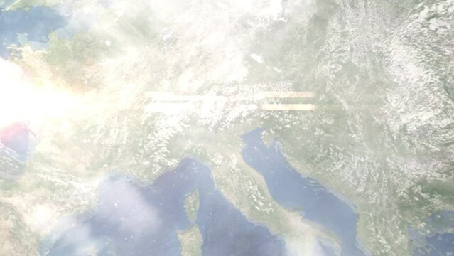 Zoom in from space and focus on Schio, Italy. 3D Animation. Background for travel intro. Elements of this image furnished by NASA