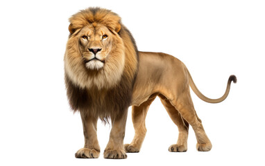A powerful lion standing confidently on a white background