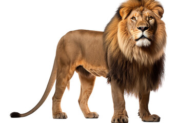 A regal lion standing confidently next to a white background