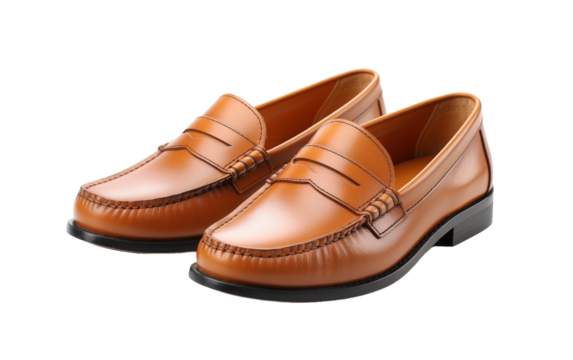 A pair of brown shoes with striking black soles standing on a reflective surface