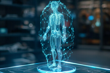 science anatomy scan of human hologram body glowing on dark background. 3d rendering, Health technology concept. - obrazy, fototapety, plakaty