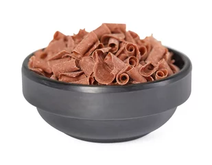 Foto op Plexiglas Delicious chocolate shavings in bowl isolated on white © New Africa