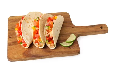 Poster Delicious tacos with vegetables isolated on white © New Africa