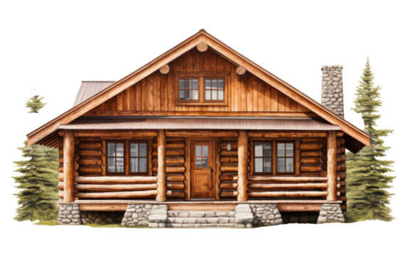 Sketch of a log cabin nestled in nature, featuring a cozy porch and inviting ambiance