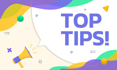 Top tips text card, banner with megaphone, speech bubble and abstract background. Vector illustration. 