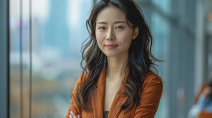 Portrait of young Asian business woman entrepreneur standing in office. - 774813623