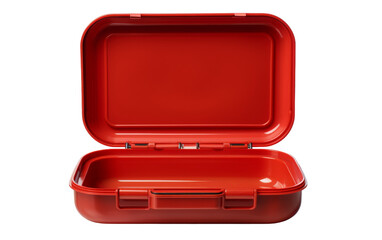 A red lunch box with a lid resting on a plain white background