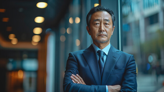 Portrait of successful Asian businessman standing with arms crossed, copy space.
