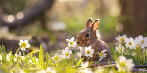 Colourful Cute Easter Bunny with Flowers