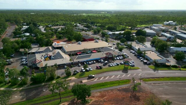 Aerial Drone of Humpty Doo Shopping Centre and Carpark in NT Australia