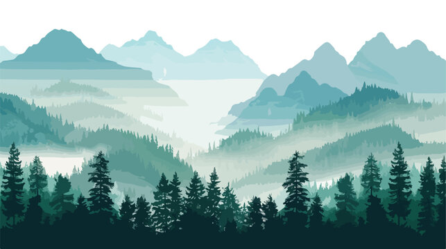 Landscape of mountains and pine forest with mist 