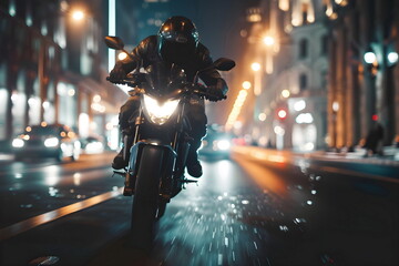 A person riding a motorcycle fast at night in the city