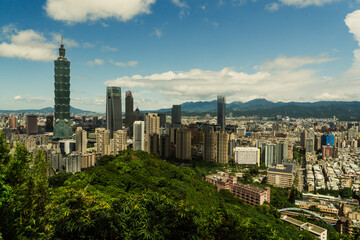 Skyline buildings from Elephant Mountain of the capital of Taiwan. View of modern buildings in...