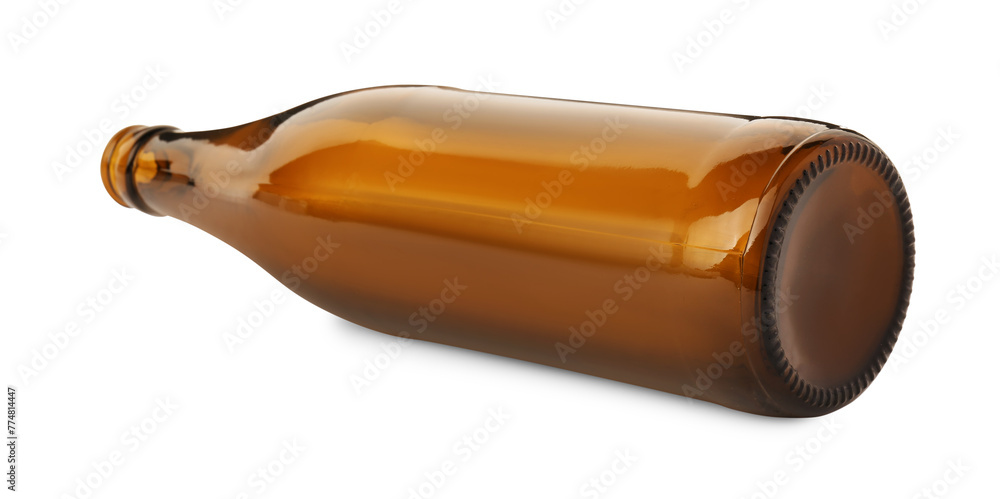 Sticker One empty brown beer bottle isolated on white