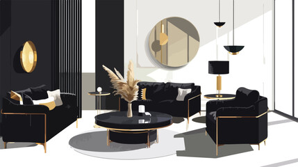 Luxury black and gold living room interior flat vector