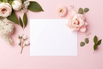 A flat lay composition featuring a blank card surrounded by an assortment of flowers on a pink background. Flat Lay with Flowers and Blank Card