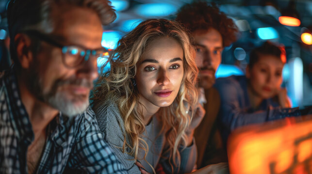 Business team looks closely at the computer monitor.
