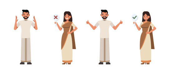 Set of Indian Businessman and businesswoman holding check mark and cross signs character vector design. Presentation in various action. People working in office planning and thinking.