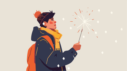 Man holding new years eve fire sparkler flat vector
