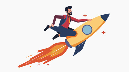 Man in flying rocket. Concept of successful business