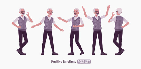 Retired old active senior man set positive emotions, happy pose, nice elderly person, handsome grey hair grandfather in classic outfit. Elegant white beard and dark moustaches. Vector illustration