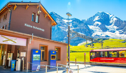 Swiss Alps and Kleine Scheidegg railway station, famous stop on way up to Jungfraujoch, Switzerland 2023