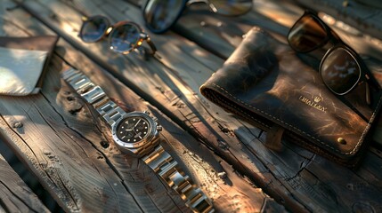 On an old, grunge wooden table, a curated collection awaits: a timeless watch, a luxurious leather wallet, and a pair of sleek sunglasses.