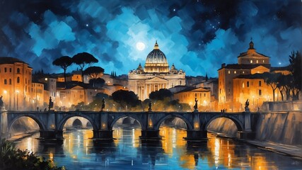 night sky in rome italy theme oil pallet knife paint painting on canvas with large brush strokes modern art illustration abstract from Generative AI