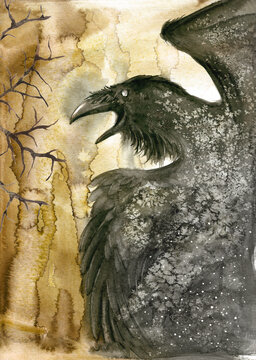 Watercolor illustration of a black raven with black wings on a khaki background with watercolor drips (This illustration was created without the use of artificial intelligence!) 