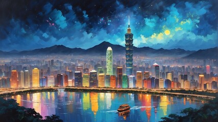 Obraz premium night sky in taipei taiwan theme oil pallet knife paint painting on canvas with large brush strokes modern art illustration abstract from Generative AI