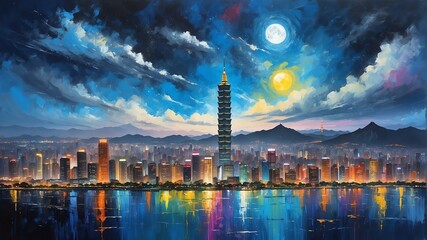 Fototapeta premium night sky in taipei taiwan theme oil pallet knife paint painting on canvas with large brush strokes modern art illustration abstract from Generative AI