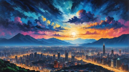 night sky in taipei taiwan theme oil pallet knife paint painting on canvas with large brush strokes modern art illustration abstract from Generative AI - obrazy, fototapety, plakaty