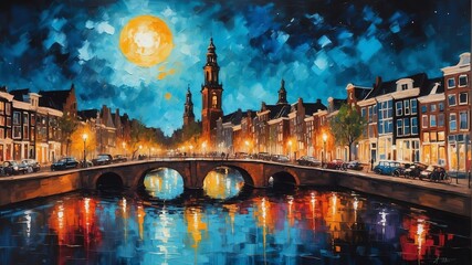Fototapeta na wymiar night sky in amsterdam netherlands theme oil pallet knife paint painting on canvas with large brush strokes modern art illustration abstract from Generative AI