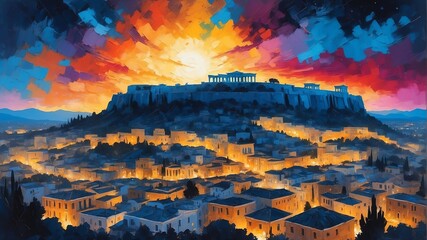 night sky in athens greece theme oil pallet knife paint painting on canvas with large brush strokes modern art illustration abstract from Generative AI - obrazy, fototapety, plakaty