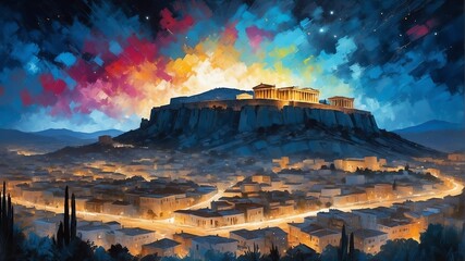 night sky in athens greece theme oil pallet knife paint painting on canvas with large brush strokes modern art illustration abstract from Generative AI - obrazy, fototapety, plakaty