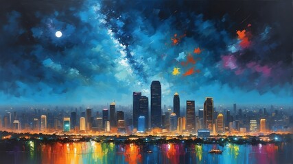 night sky in bangkok thailand theme oil pallet knife paint painting on canvas with large brush strokes modern art illustration abstract from Generative AI - obrazy, fototapety, plakaty